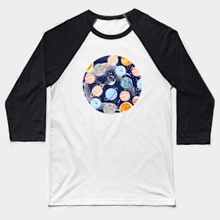 Planets | Watercolor | Navy Texture Baseball T-Shirt